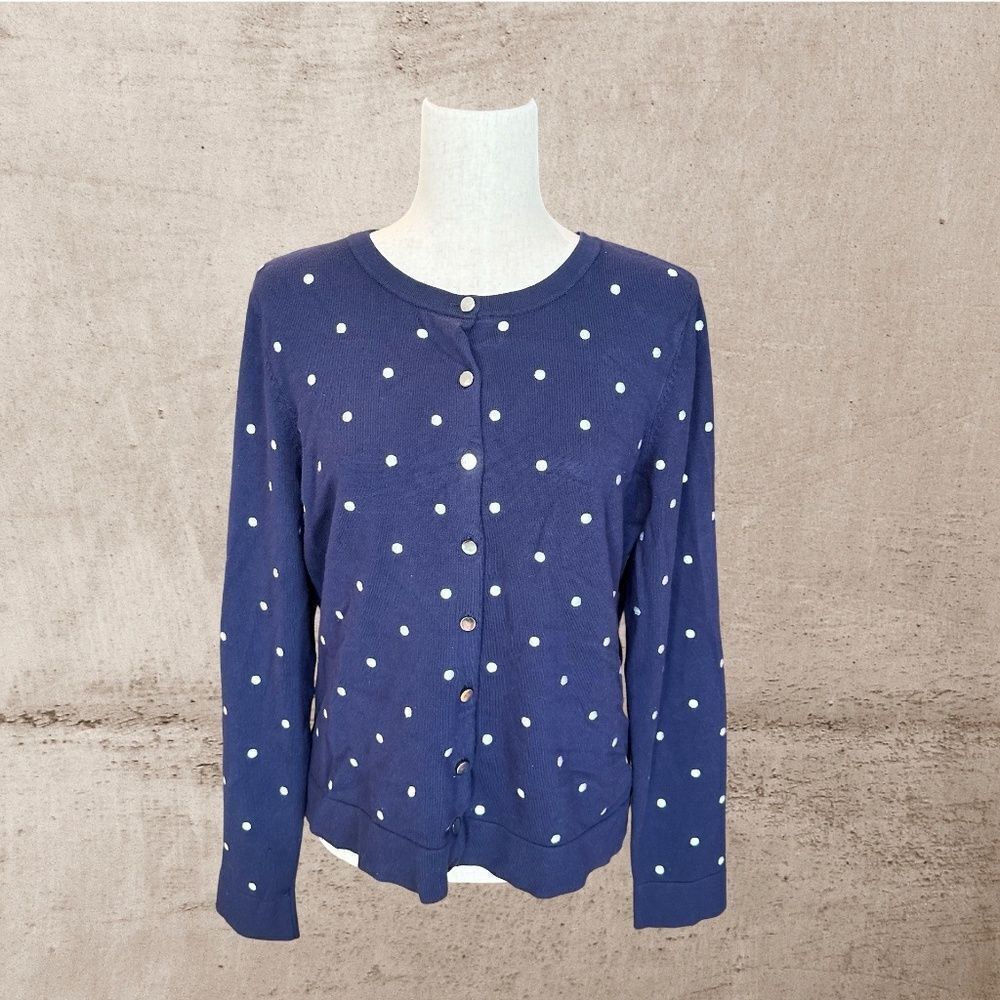 Charter Club Long Sleeve Button Up Polka Dot Cardigan Navy Blue/White Size Large - Picture 10 of 11